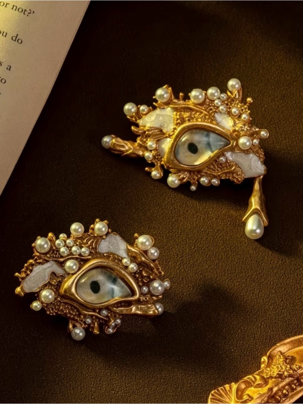 Schiaparelli Inspired Antique Gold Pearl Eye Statement Earrings